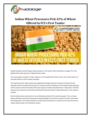 Indian Wheat Processors Pick 42 of Wheat Offered In FCI’s First Tender (1)