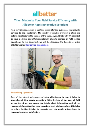 Maximize Your Field Service Efficiency with AllBetter App's Innovative Solutions