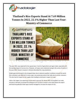 Thailand’s Rice Exports Stand At 7.69 Million Tonnes In 2022, 22.1% Higher Than