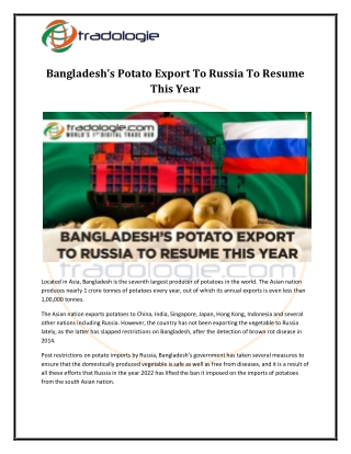 Bangladesh’s Potato Export To Russia To Resume This Year