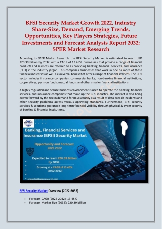 BFSI Security Market Share, Trend, Growth Report 2022-2032: SPER Market Research