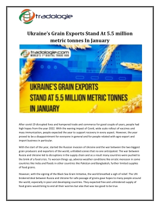 Ukraine’s Grain Exports Stand At 5.5 million metric tonnes In January