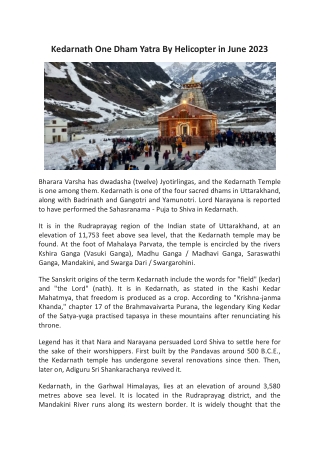 Kedarnath One Dham Yatra By Helicopter in June 2023