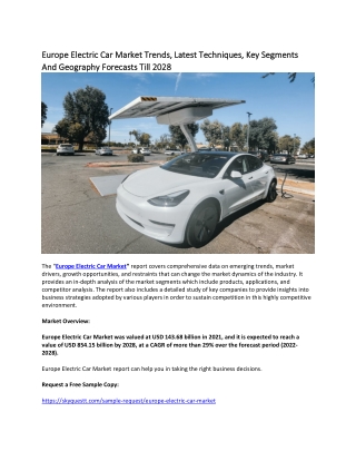 Europe Electric Car Market Trends, Latest Techniques, Key Segments And Geography