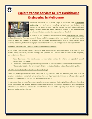 Explore Various Services to Hire Hardchrome Engineering in Melbourne