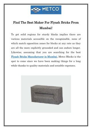 Flyash Bricks Manufacturer in Mumbai | Call  91- 8484930580  | Metco Block