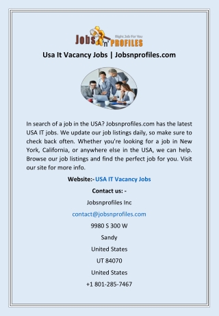 Usa It Vacancy Jobs | Jobsnprofiles.com