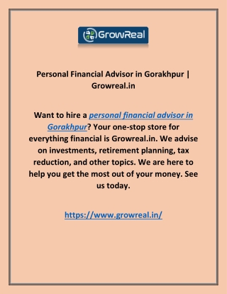 Personal Financial Advisor in Gorakhpur | Growreal.in