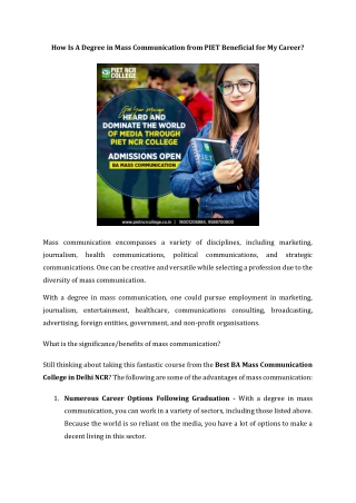 How Is A Degree In Mass Communication From PIET Beneficial For My Career