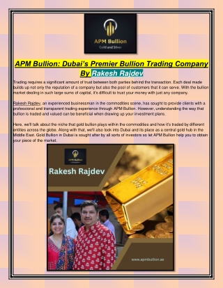 APM Bullion: Dubai’s Premier Bullion Trading Company By Rakesh Rajdev