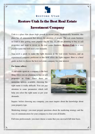 Restore Utah Is the Best Real Estate Investment Company