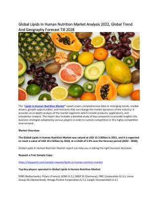 Global Lipids In Human Nutrition Market Analysis 2022, Global Trends.