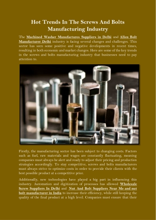 Hot Trends In The Screws And Bolts Manufacturing Industry