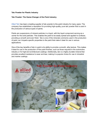 Talc Powder for Plastic Industry