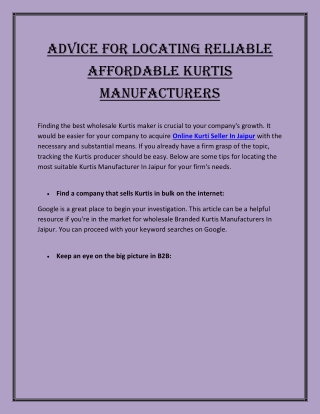 Advice for Locating Reliable Affordable Kurtis Manufacturers