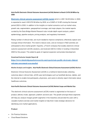 Asia-Pacific Electronic Clinical Outcome Assessment (eCOA) Market to Reach  676.58 Billion by 2030