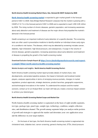 North America Health Screening Market Share, Size, Demand & SWOT Analysis by 2028
