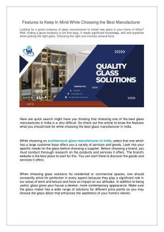 Features to Keep In Mind While Choosing the Best Manufacturer