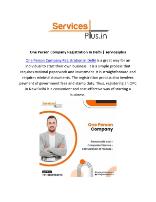 One Person Company Registration In Delhi | servicesplus