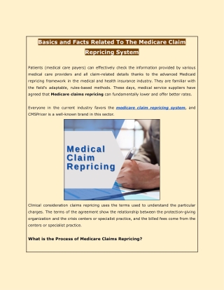 Basics and Facts Related To The Medicare Claim Repricing System