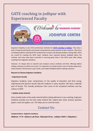 GATE coaching in jodhpur with Experienced Faculty