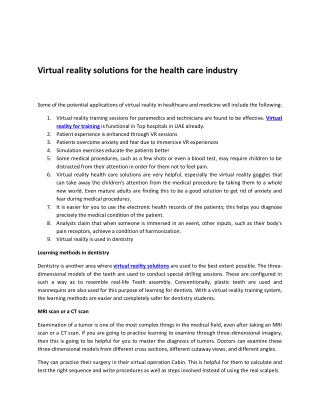 Virtual reality solutions for the health care industry