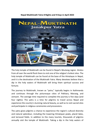 Nepal Mukthinath Yatra 8 Nights and 9 Days in April 2023