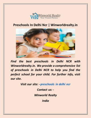 Preschools In Delhi Ncr  Winworldrealty in