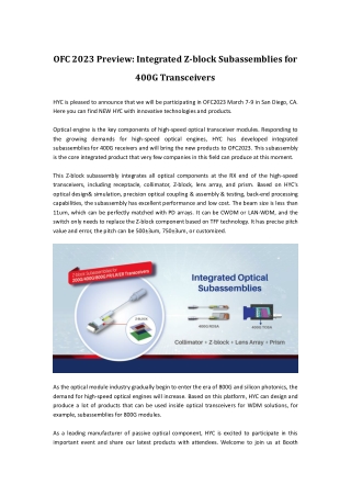 OFC 2023 Preview Integrated Z-block Subassemblies for 400G Transceivers