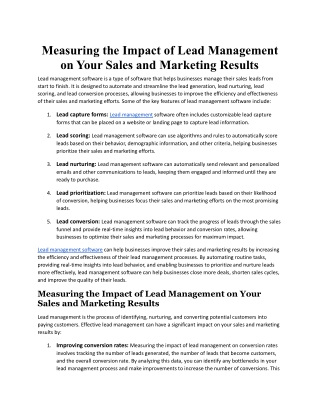 Measuring the Impact of Lead Management on Your Sales and Marketing Results.