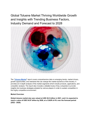 Global Toluene Market Thriving Worldwide Growth and Insights.