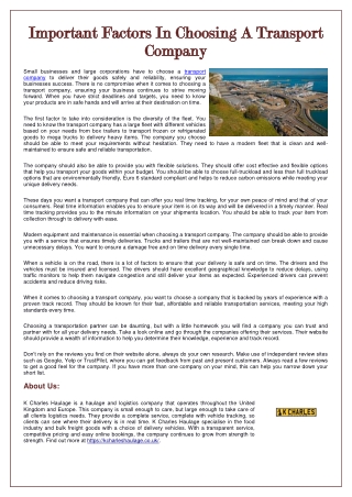 Important Factors In Choosing A Transport Company