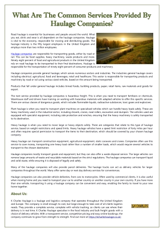 What Are The Common Services Provided By Haulage Companies?