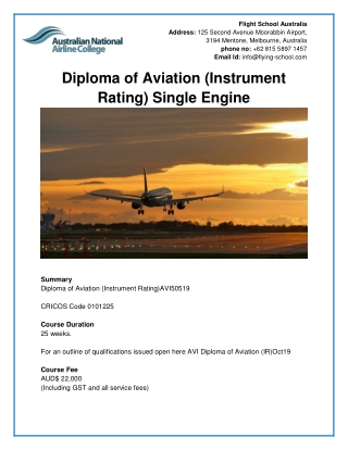 Diploma of Aviation (Instrument Rating) Single Engine