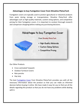 Advantages to buy Fumigation Cover from Shivaline PletsoTech