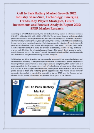 Cell to Pack Battery Market Share, Growth Report 2022-2032: SPER Market Research