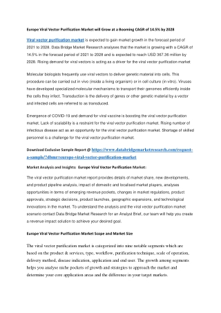 Europe Viral Vector Purification Market will Grow at a Booming CAGR of 14.5 by 2028