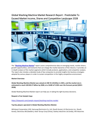 Global Washing Machine Market Research Report : Predictable To Exceed Markets.