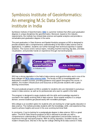 Symbiosis Institute of Geoinformatics: An emerging M.Sc Data Science institute i