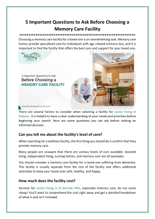 5 Important Questions to Ask Before Choosing a Memory Care Facility