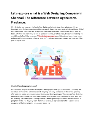 Lets explore what is a Web Designing Company in Chennai The Difference between Agencies vs Freelance