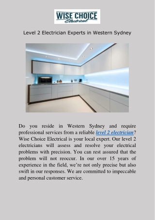 Level 2 Electrician Western Sydney and Five Dock