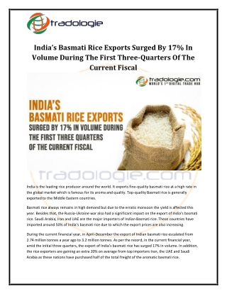 India’s Basmati Rice Exports Surged By 17% In Volume During The First Three-Quar