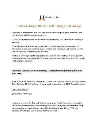 Host.co.in Deal | 20% OFF VPS Hosting | SSD Storage