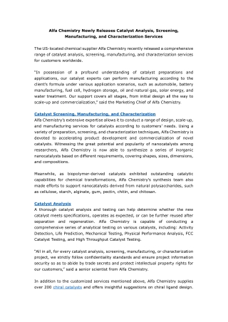 Alfa Chemistry Newly Releases Catalyst Analysis, Screening, Manufacturing, and Characterization Services