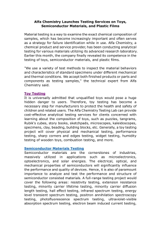 Alfa Chemistry Launches Testing Services on Toys, Semiconductor Materials, and Plastic Films
