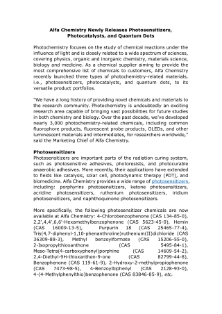 Alfa Chemistry Newly Releases Photosensitizers, Photocatalysts, and Quantum Dots