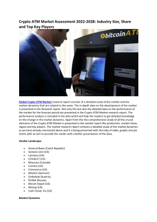 Crypto ATM Market Assessment 2022-2028: Industry Size, Share and Top Key Players