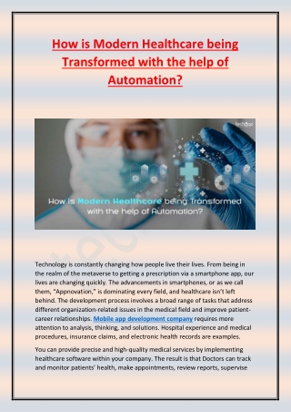 How is Modern Healthcare being Transformed with the help of Automation