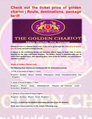 Check out the ticket price of golden chariot Route, destinations, package tariff
